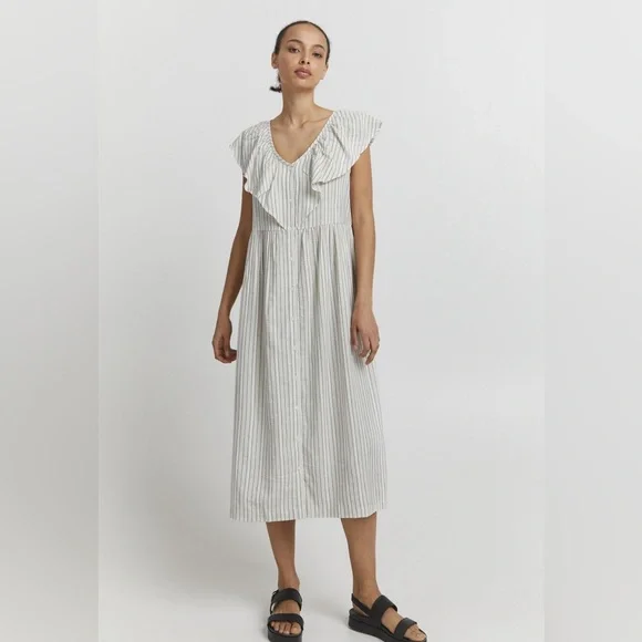 Striped V-Neck Ruffle Dress - Picture 1 of 10